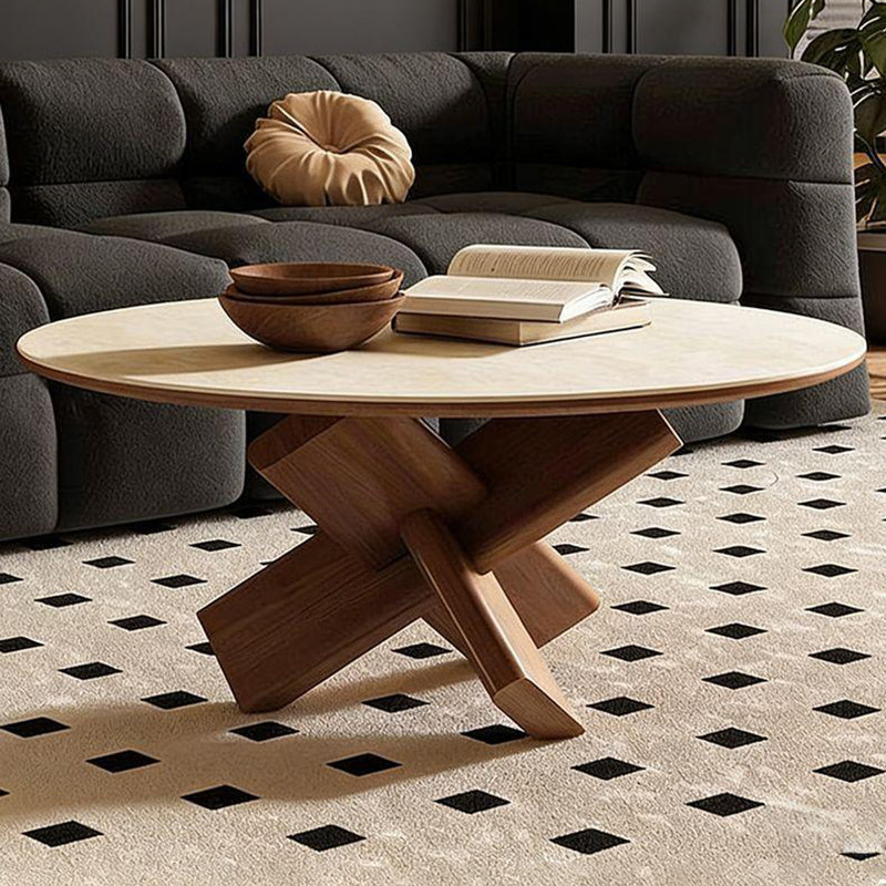 Image de couleur pierre et table basse ronde en bois massif, H 15,75 po x l 31,5 po x P 31,5 po
