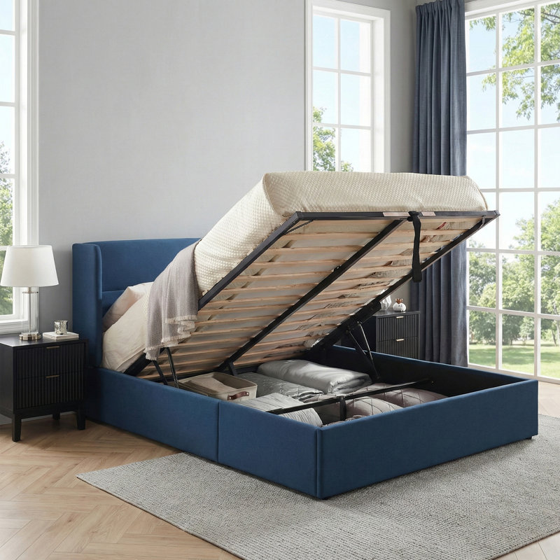 Lit plateforme tapissier avec rangement Gaillarde, Double, Bleu pierre