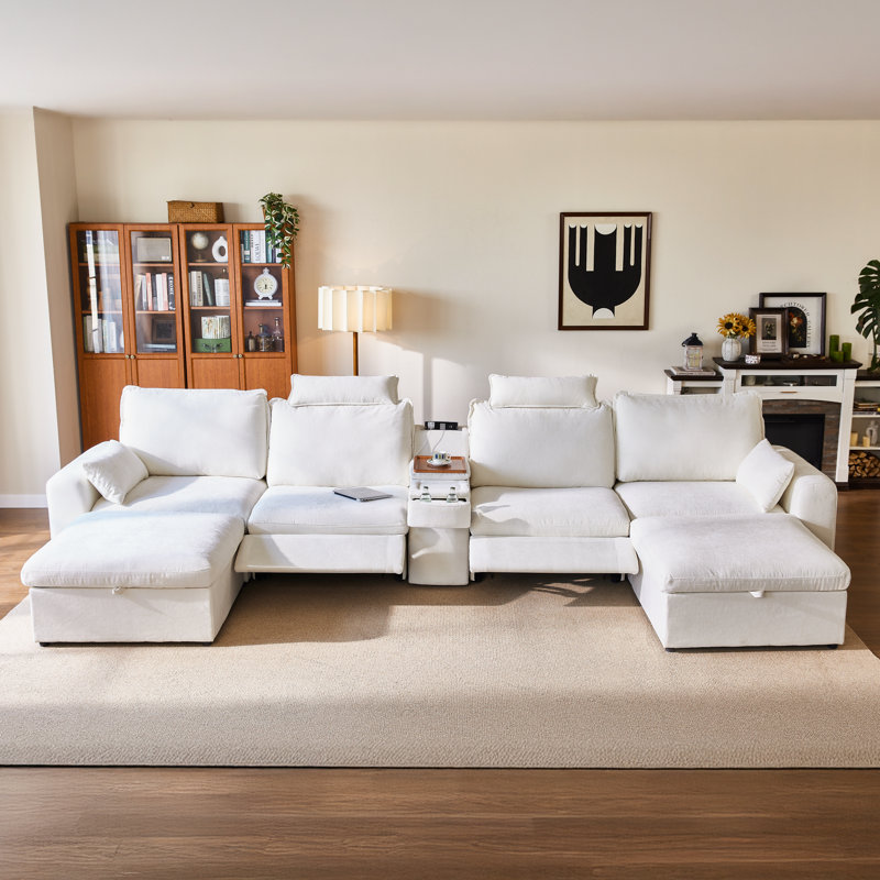6-seater Chenille Oversized Modular Power Recliner Sofa With Headrest Deep Cloud Couch With Table Charging Cup Holders Convertible U-shaped Sectional With 2 Storage Ottomans