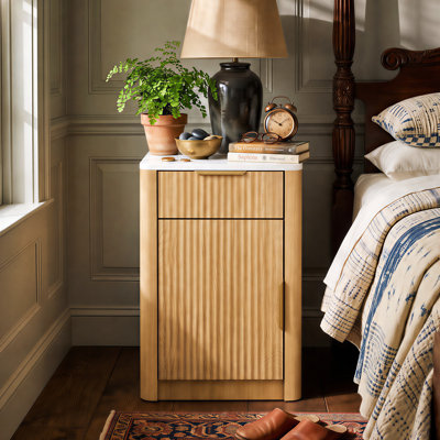 23.6" Nightstand with Hidden Charging Station, Drawer, Cabinet & Open Shelves, Modern Bedside Table with Faux Marble Top