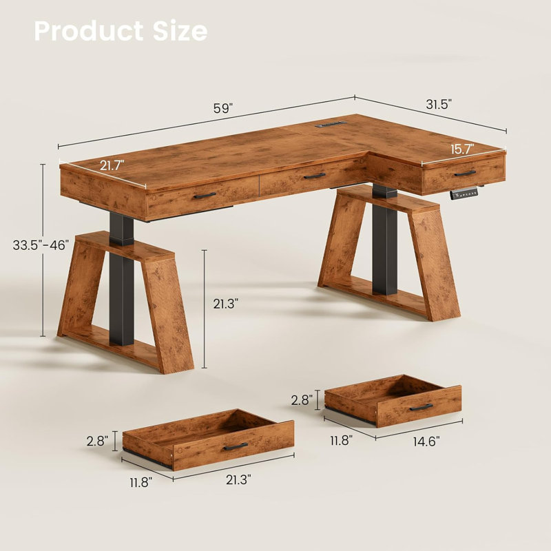 L-shaped Electric Standing Desk With Drawers, 59" Executive Adjustable Height Desk With Power Outlets, Sit Stand Computer Table For Home Office, Rustic Brown