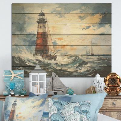 Lighthouse Stormy Sea II - Lighthouses On Wood Print