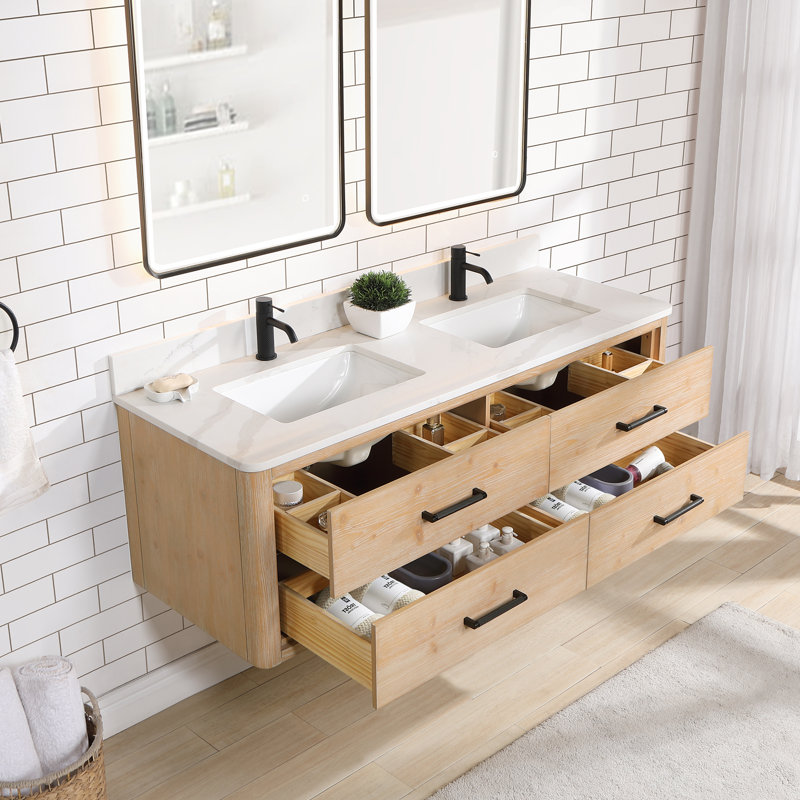 Meuble-lavabo double 60 po avec plateau Cristo, Bois de sapin brun