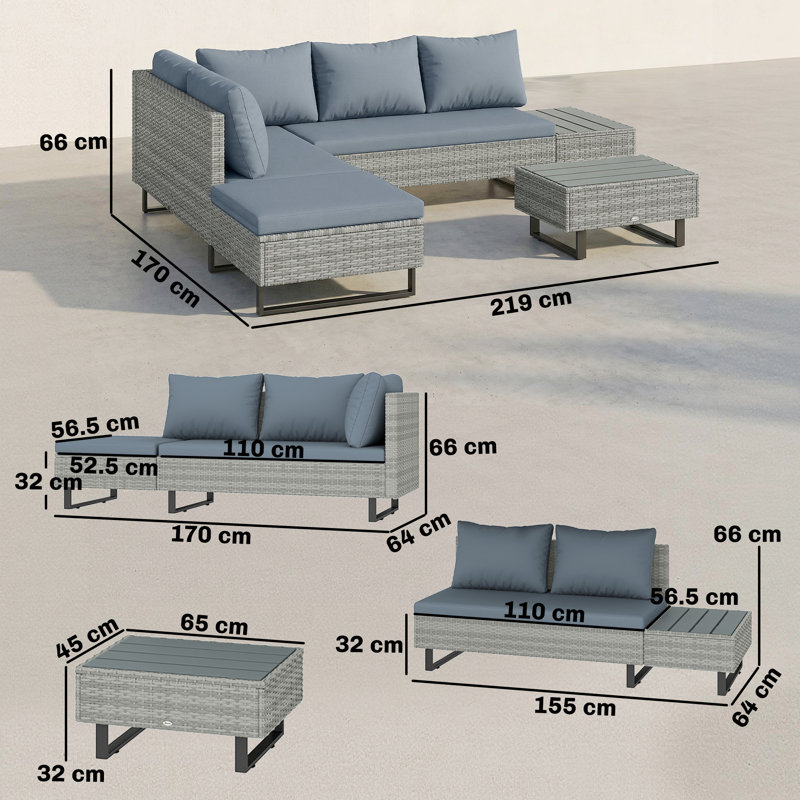 Outsunny 5 Seater Rattan Garden Furniture Set w/Adjustable Back, Grey, Grey