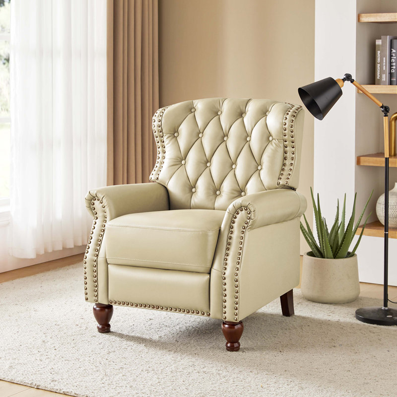 Abruzzino 34.5" W Genuine Leather Push-Back Recliner, Beige Genuine Leather