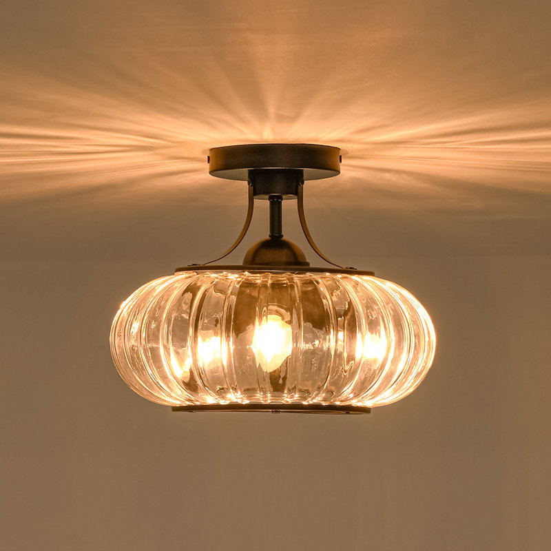 3-Light Industrial Ribbed Glass Semi-Flush Mount Ceiling Lamp