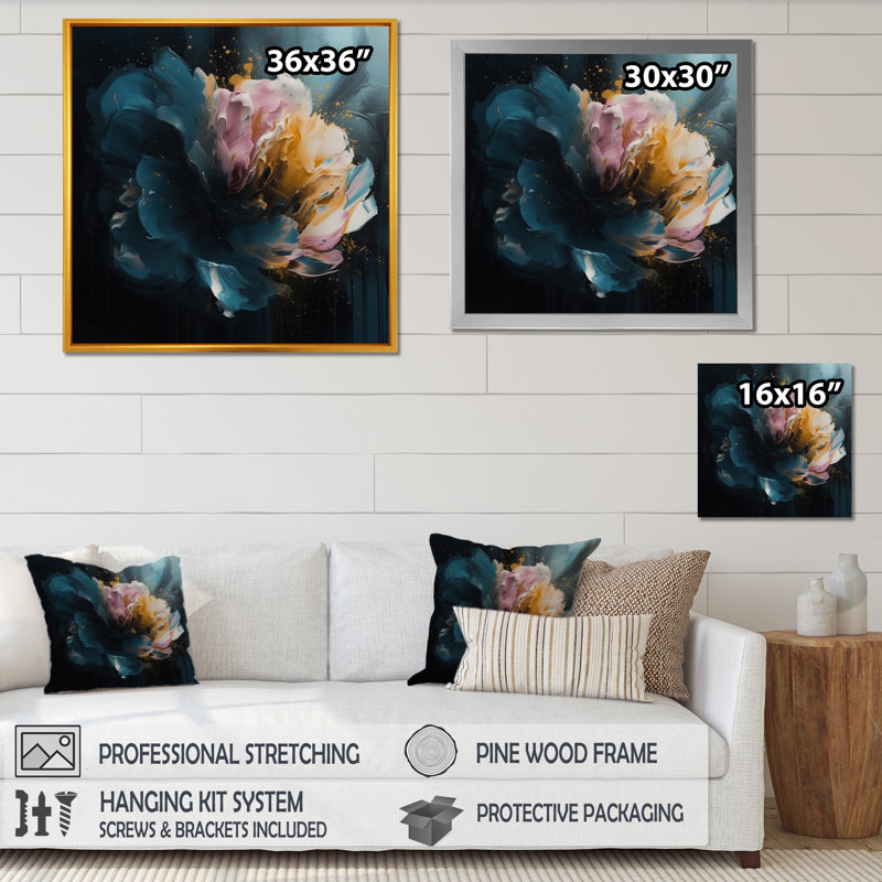 "Blue Pink Pe pivoines", reproduction d'art sur toile, Cadre photo noir, H 30 po x l 30 po x P 1 po