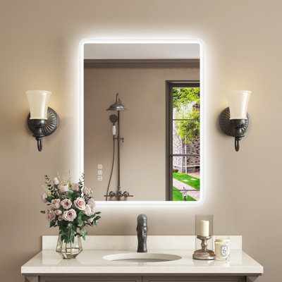 Miroir mural avec lumières - sans cadre, gradation infinie, antibuée, 3 modes d'éclairage, Bluetooth intégré
