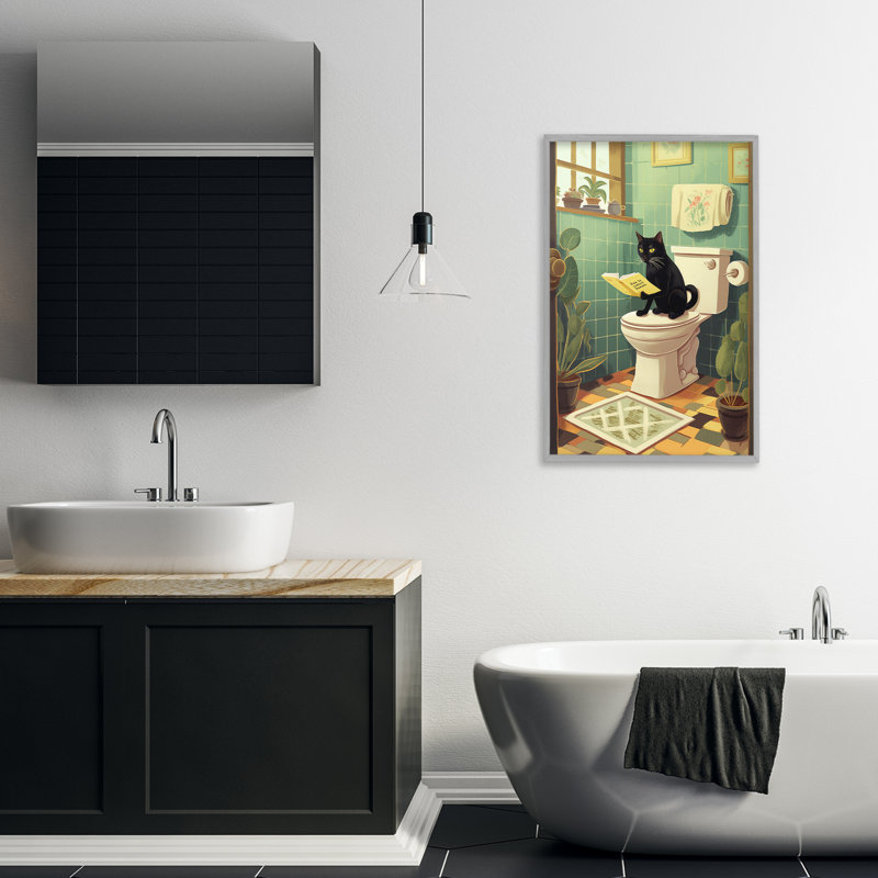 Chat lisant sur la toilette, estampe numérique, design par Andreas Magnusson, H 30 po x l 20 po, Estampe numérique Farmhouse