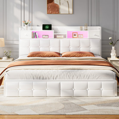 Lit tête de lit tapissier moderne avec tiroirs et tablettes de rangement, tête de chargement USB et éclairage d'ambiance personnalisable à DEL - double / grand / très grand