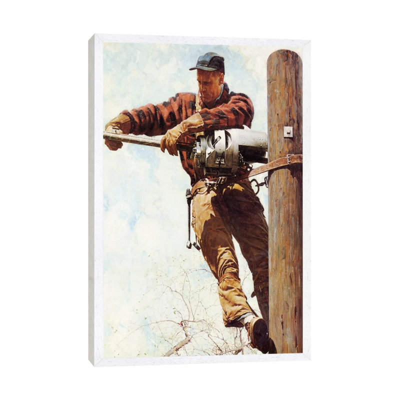 The Lineman by Norman Rockwell - Painting on Canvas, White Framed, 152.5 cm H x 101.5 cm W