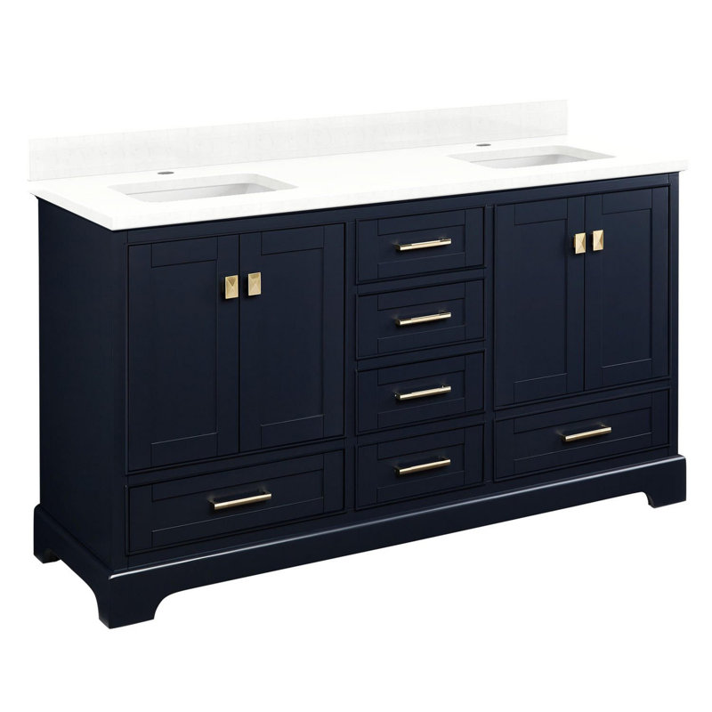 Quen 60" Freestanding Double Basin Vanity Set with Cabinet, Vanity Topss, Midnight Navy Blue, Single Hole