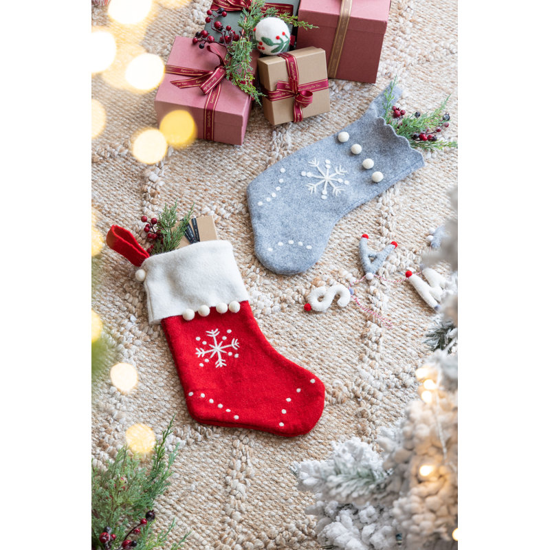Boiled Wool Red Stocking with Pom Poms and Snowflake Design - Red, White - 20"