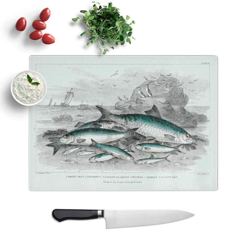 Tempered Glass Beached Fish Chopping Board, 39 cm W x 28.5 cm L