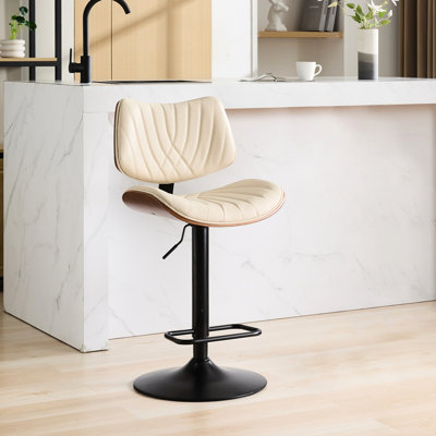 Tabouret de bar beige à hauteur réglable, finition noyer, pivotant à 360°, revêtement en similicuir, idéal pour îlot de cuisine, salle à manger ou café. Style moderne du milieu du siècle. Siège et dossier ergonomique réglables.