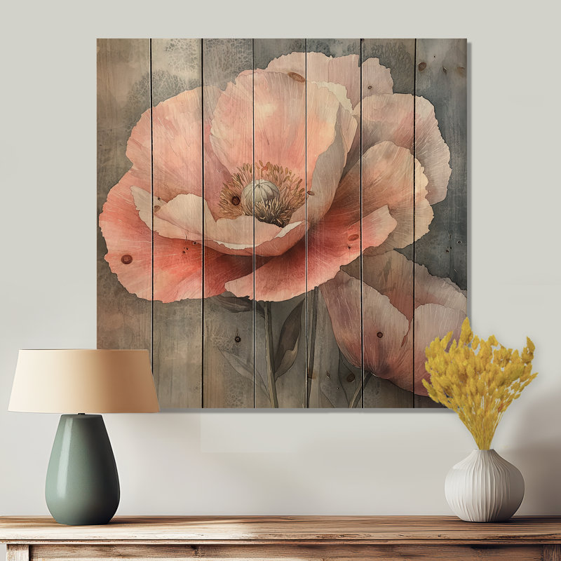 Faded Pink Peony Dance On Stone - Poppies Wood Print - On Natural Pine Wood, 30" H x 30" W x 0.78" D