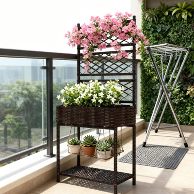 Jardinière avec treillis décoratif et tablette de rangement, surface de 25 L pour la culture des légumes, acier thermolaqué, brun, capacité de poids de 66 lb, fabrication en acier Pe, dimensions: L 21,7 po x l 10,2 po et H 52,4 po