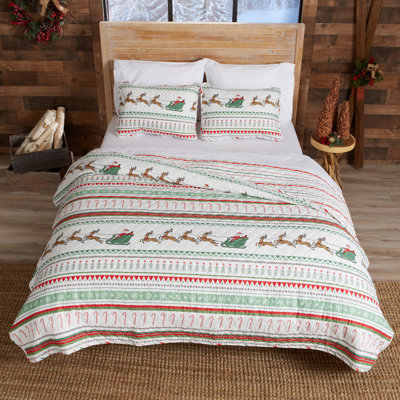 Colorful Santa / Reindeer Holiday Quilt Set with Shams