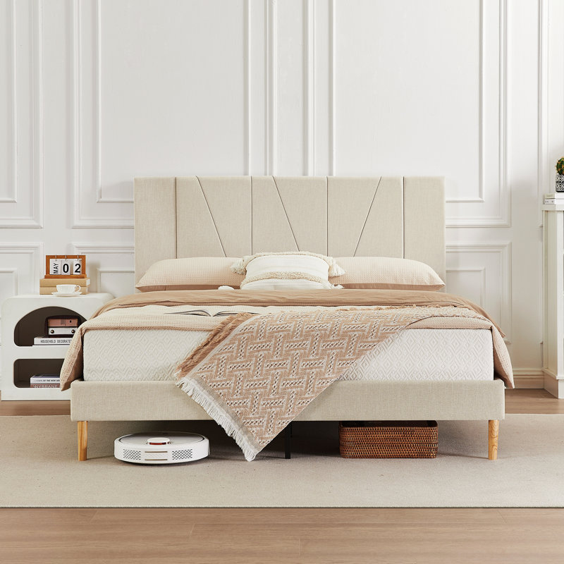 Jadel Upholstered Platform Bed Frame with Complete Headboard, Queen, Beige/Brown