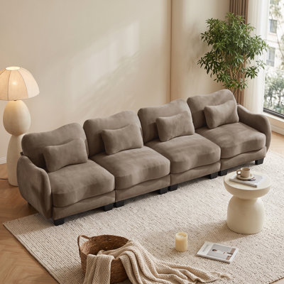 Grand-Scale Extra-Wide 4-Seat Curved Velvet Sectional Sofa with Lumbar Pillows, Mocha Brown