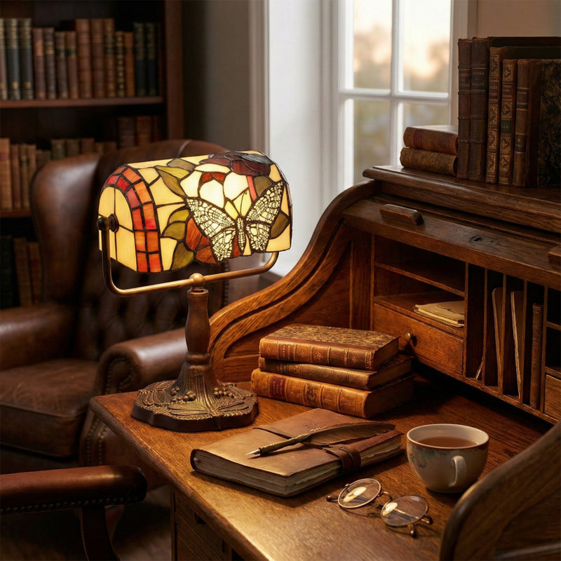 Rosalind Wheeler 12.5" Tiffany Style Bankers Lamp-Stained Glass Butterfly Design Table or Desk Light LED Bulb Included-Vintage Look Table Lamp with Colorful Accent Decor