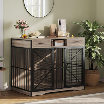 Caisse pour chien 44 po en bois avec tiroirs et portes doubles, table de bout pour meubles pour petits et grands chiens, brun et noir rétro