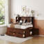 Structure de lit double en bois capitaine, tablettes de rangement, 4 tiroirs, 2 armoires