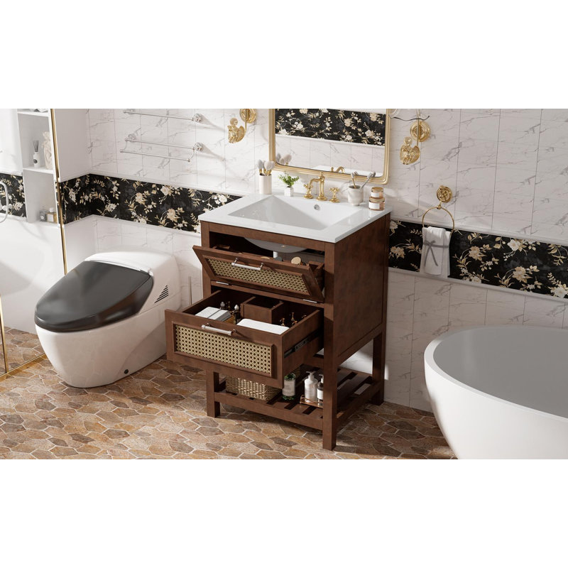 Meuble-lavabo simple 24 po avec plateau en céramique, Marron foncé