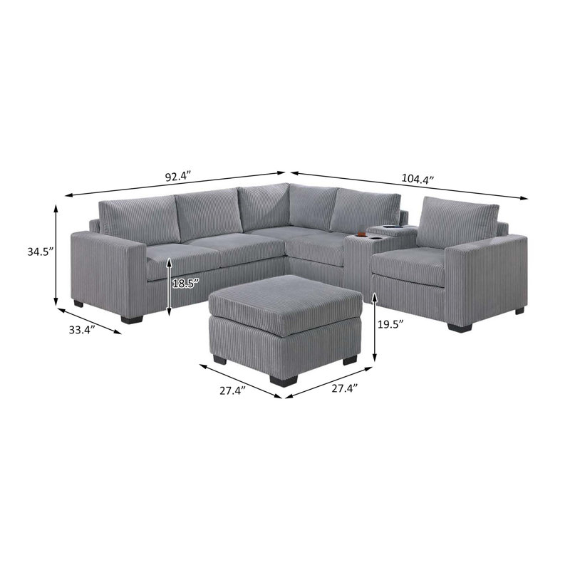 4-Piece Sectional Set W/ Ottoman, Light Grey Fabric