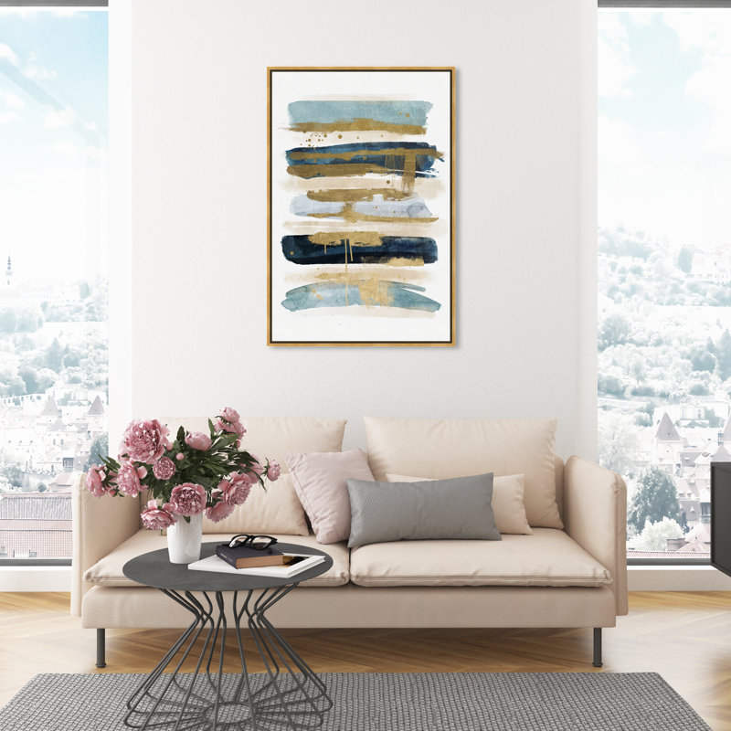 " Abstract Ocean Line, Modern & Contemporary Blue ", 45" H x 30" W, Gold Floater Framed