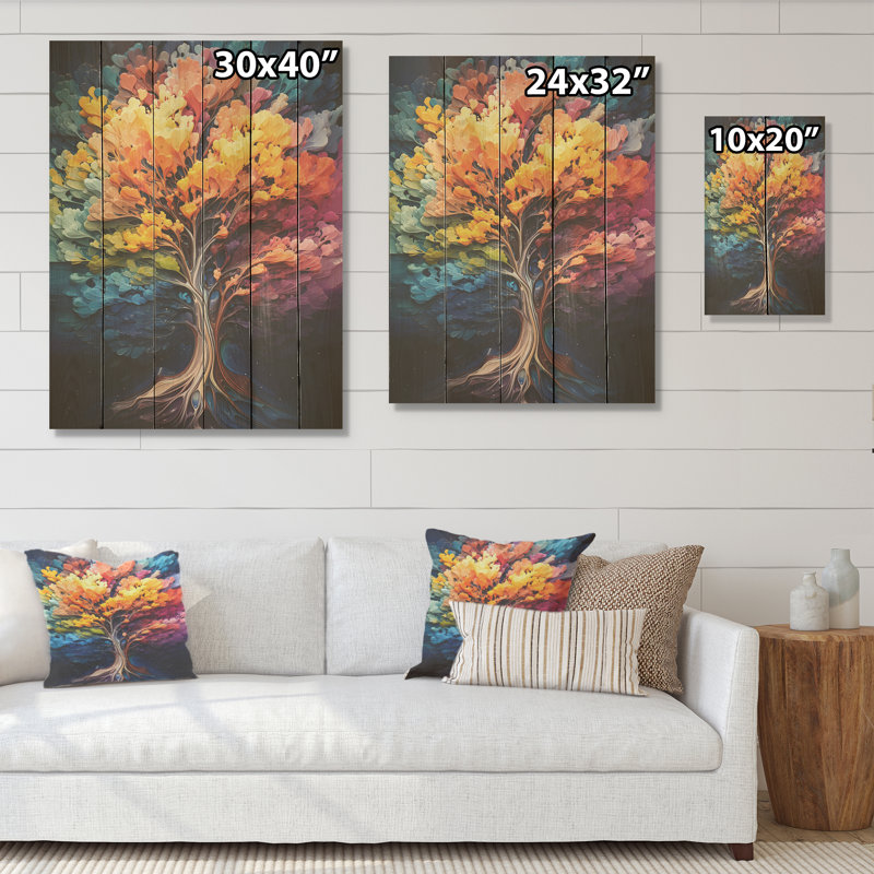 Séquoia éclatant avec un arc-en-ciel de couleur I - Art mural panneau de bois de séquoia sur bois de pin naturel
