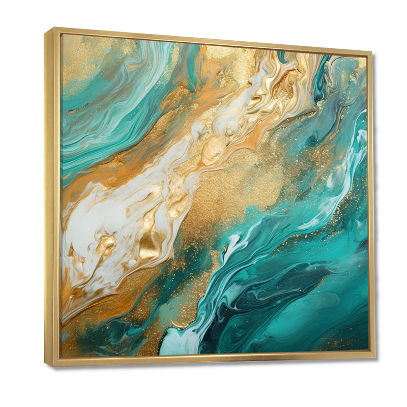 «Summer Bliss Teal Gold» - art mural plage et océan, H 16 po x l 16 po, Cadre flottant doré