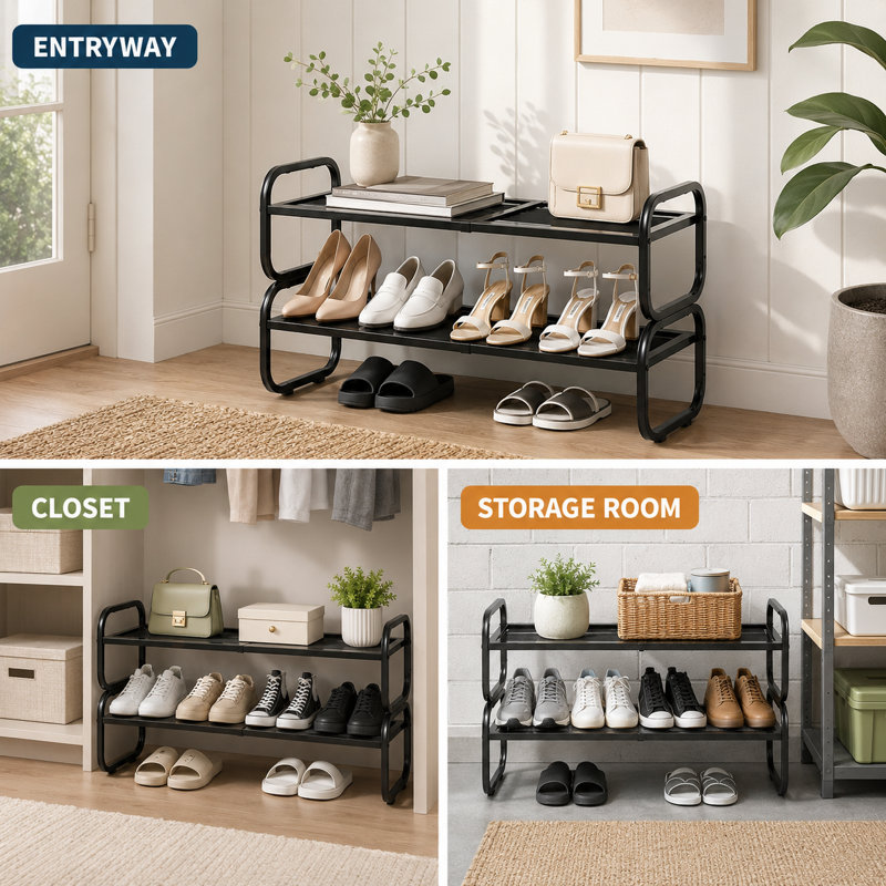 Étagère à chaussures noire extensible réglable à 2 niveaux en métal, support long et empilable pour entrée de garage ou porte d'entrée