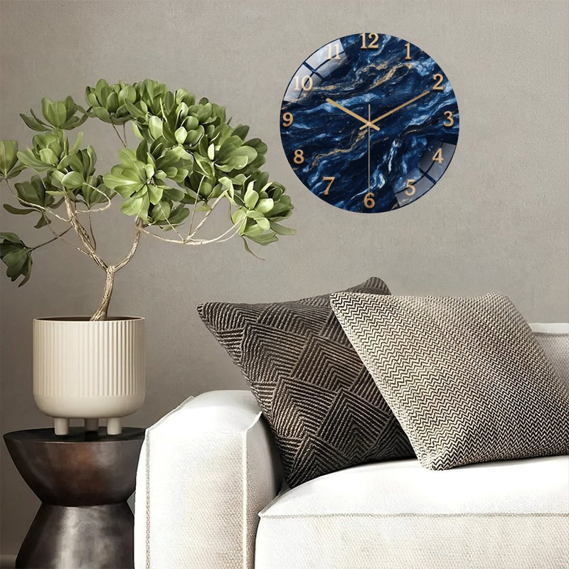 Horloge dorée avec chiffres en or bleu - horloge murale moderne en verre 12 po