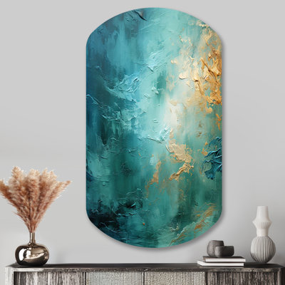 Teal Oasis III - paysages grand art mural en métal asymétrique, impression d'art moderne cylindrique