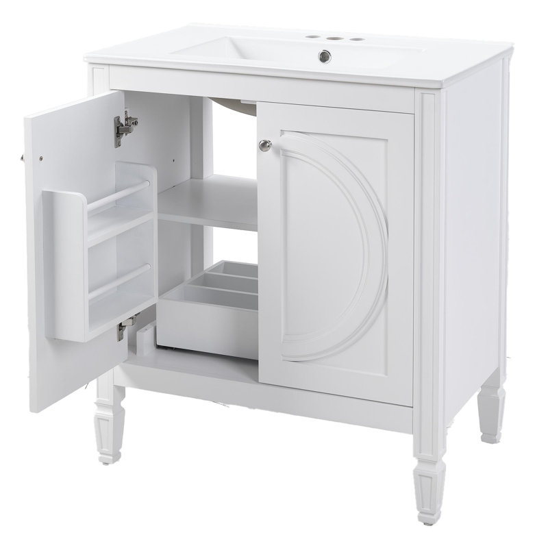 Meuble-lavabo blanc de 30 po sans assemblage requis avec lavabo en céramique, deux portes à fermeture en douceur et tablette réglable, style campagne moderne