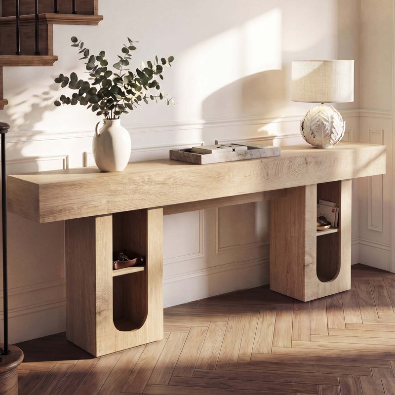 Console longue avec prise de courant intégrée et rangement réglable, Natural
