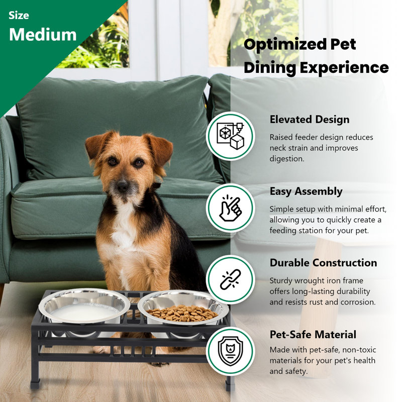Medium Elevated Black Iron Pet Double Diner with Stainless Steel Bowls