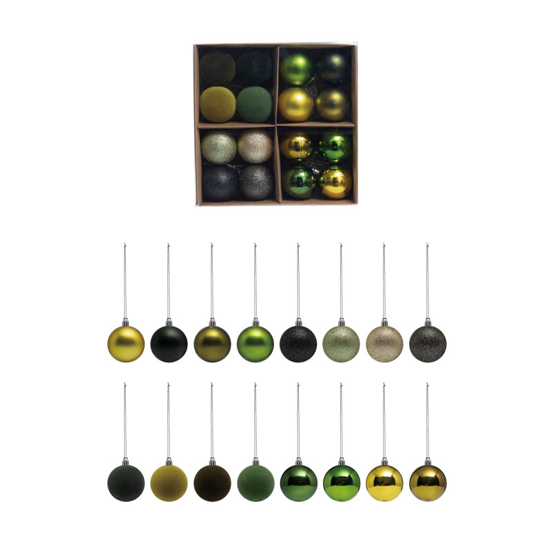 Mini ensemble d'ornement boule en plastique floqué, Noir / or