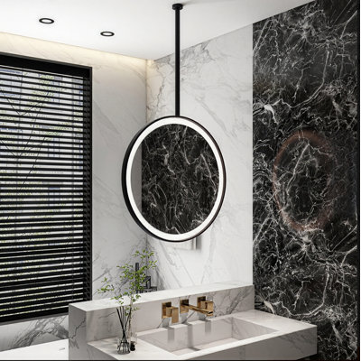 Black Round Ceiling Suspended 1 Side Led Mirror 24"