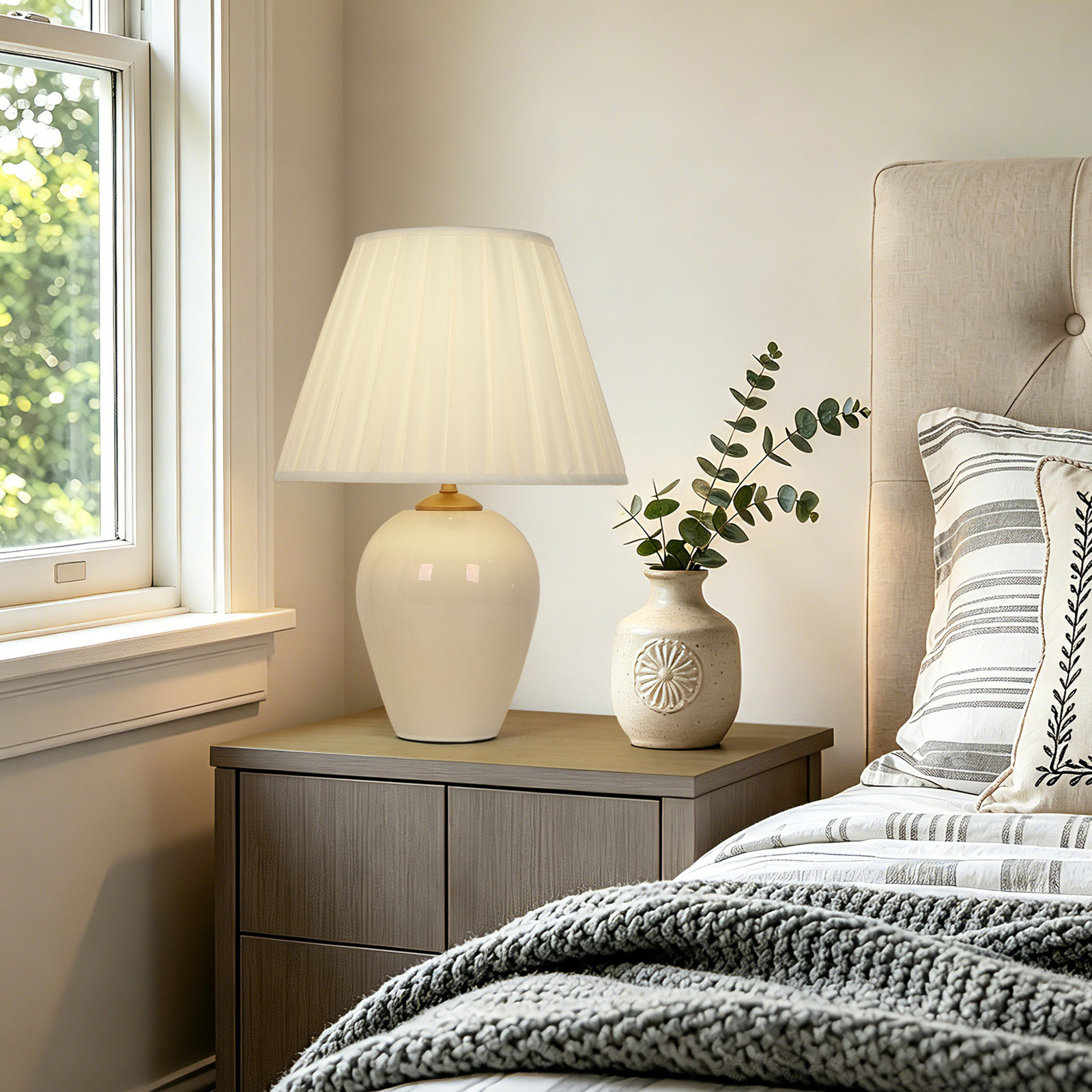 1- Light Dimmable Pleated Elegant Table Lamp, White