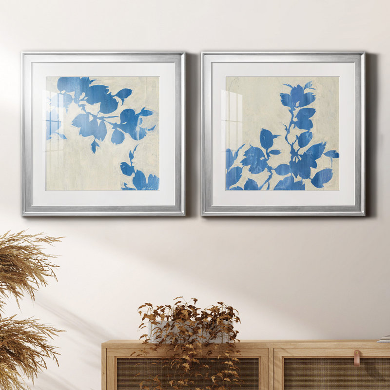 «Falling Leaves I», ensemble de 2 reproductions d'art sur toile, H 17,5 po x l 35 po x P 1,5 po, Encadrement argenté, Blanc
