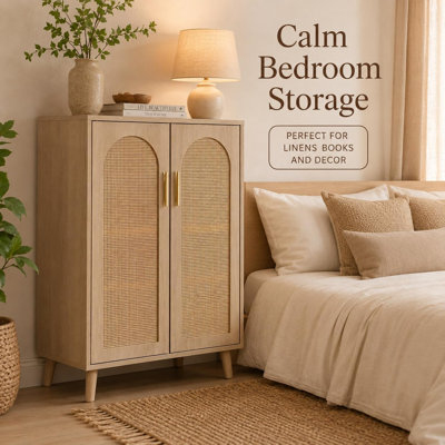 40" Tall Entryway Storage Cabinet with Adjustable Shelves | 2 Rattan Door, Space-Saving Design, Freestanding Organizer Sideboard for Hallway/Foyer Console