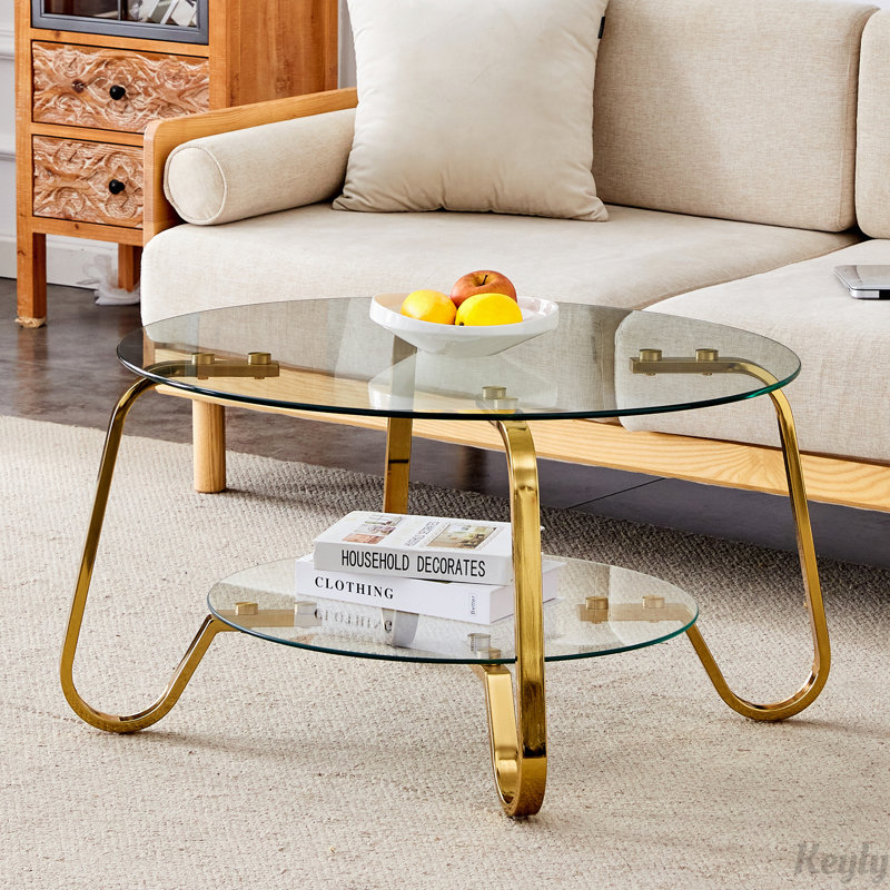 Metal Frame Double-Layer Tempered Glass Coffee Table, Gold