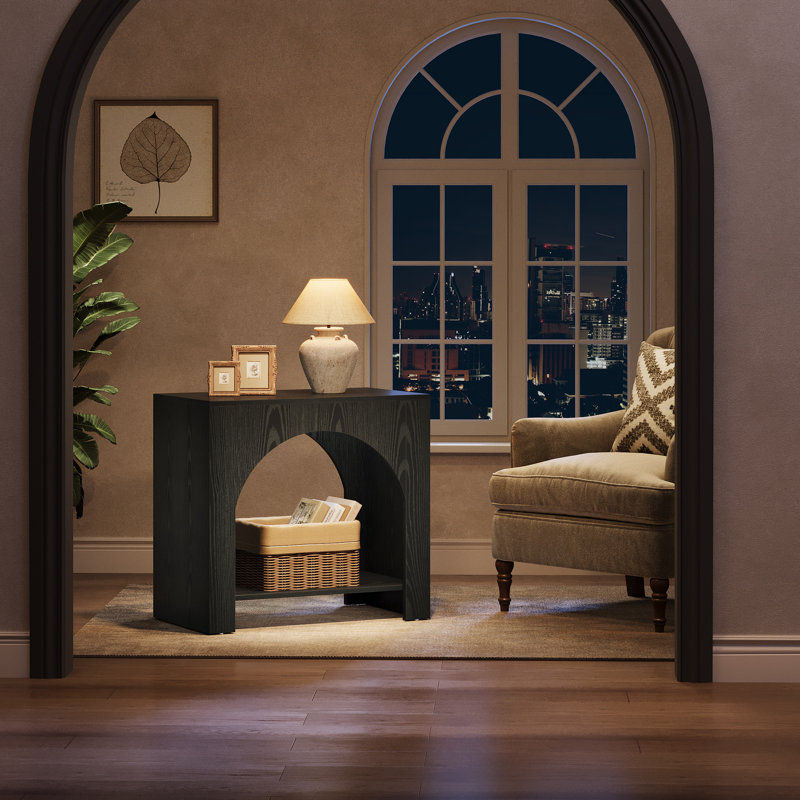 Farmhouse End Table With Storage Shelf For Living Room, Black, 1