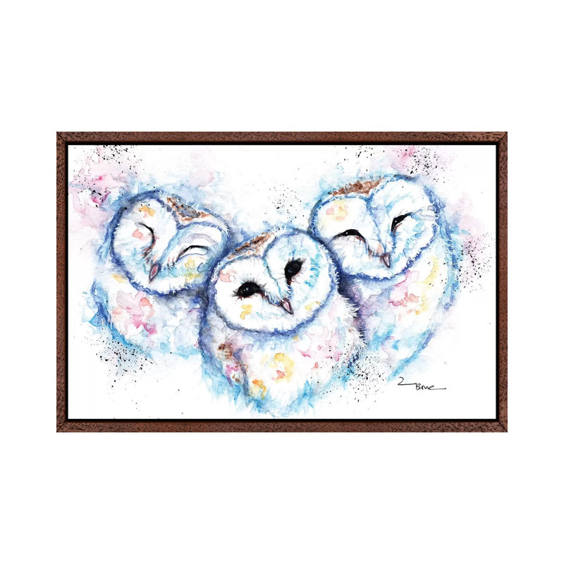 Sleepy Time Owls - Painting on Canvas, 45.72cm H x 66.04cm W x 3.81cm D, Classic Brown Wood Framed
