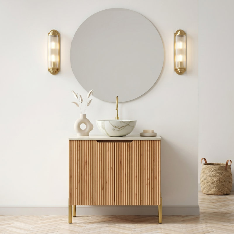 Meuble-lavabo moderne 30 po avec portes cannelées, comptoir en pierre frittée, plusieurs options d'évier à vasque et rangement à fermeture en douceur