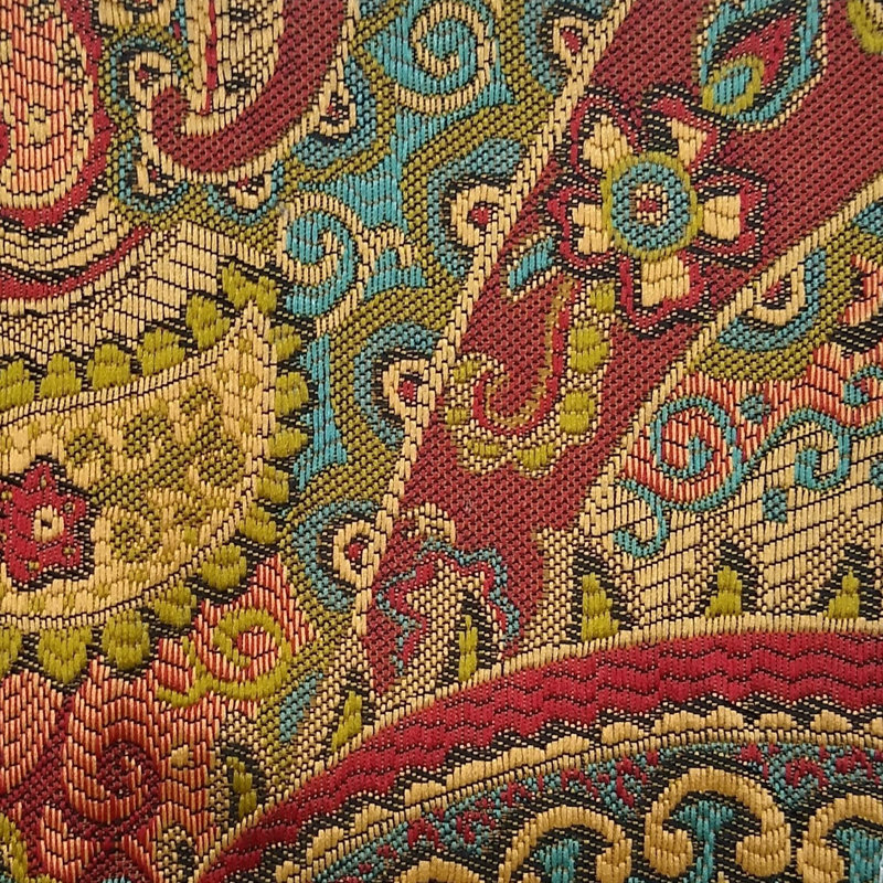 Cantonnière San Angelo brun rouge, bleu, cachemire et similicuir rouge 18 x 84