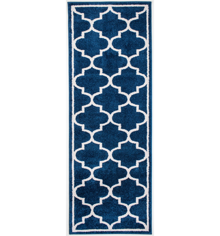 Tapis bleu à motif géométrique Tangires, Tapis de couloir 2 pi 7 po x 7 pi 1 po