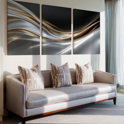 3 Pieces Exculisive Silver Gold and Black Flowing Metal Panorama Wall, Modern Canvas Decor for Living Room, Bedroom, Office and Home, Ready to Hang